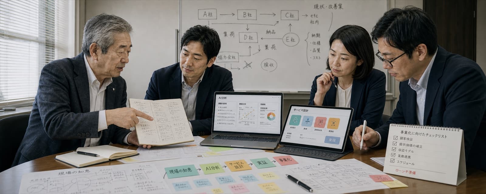 現場知識とAI分析を組み合わせて事業化する打ち合わせの様子