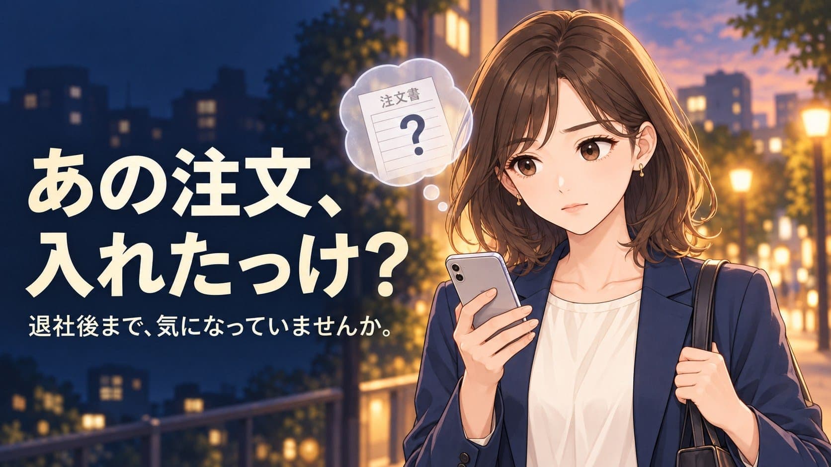 あの注文、入れたっけ? — 退社後まで気になっていませんか。夕暮れの帰り道でスマートフォンを見ながら注文書を思い出す受注担当者