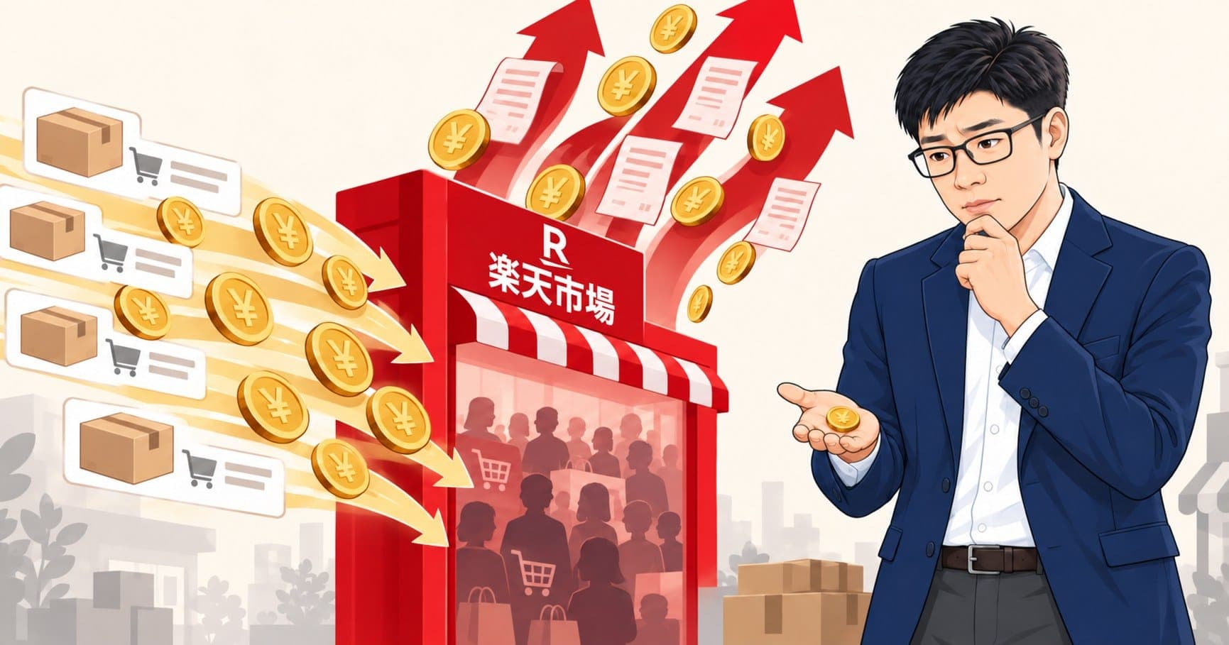 楽天市場の店舗へ注文と売上が流れ込むが、費用は上へ抜けていくばかりで、手元に何が残るのかを考え込むネットショップ経営者