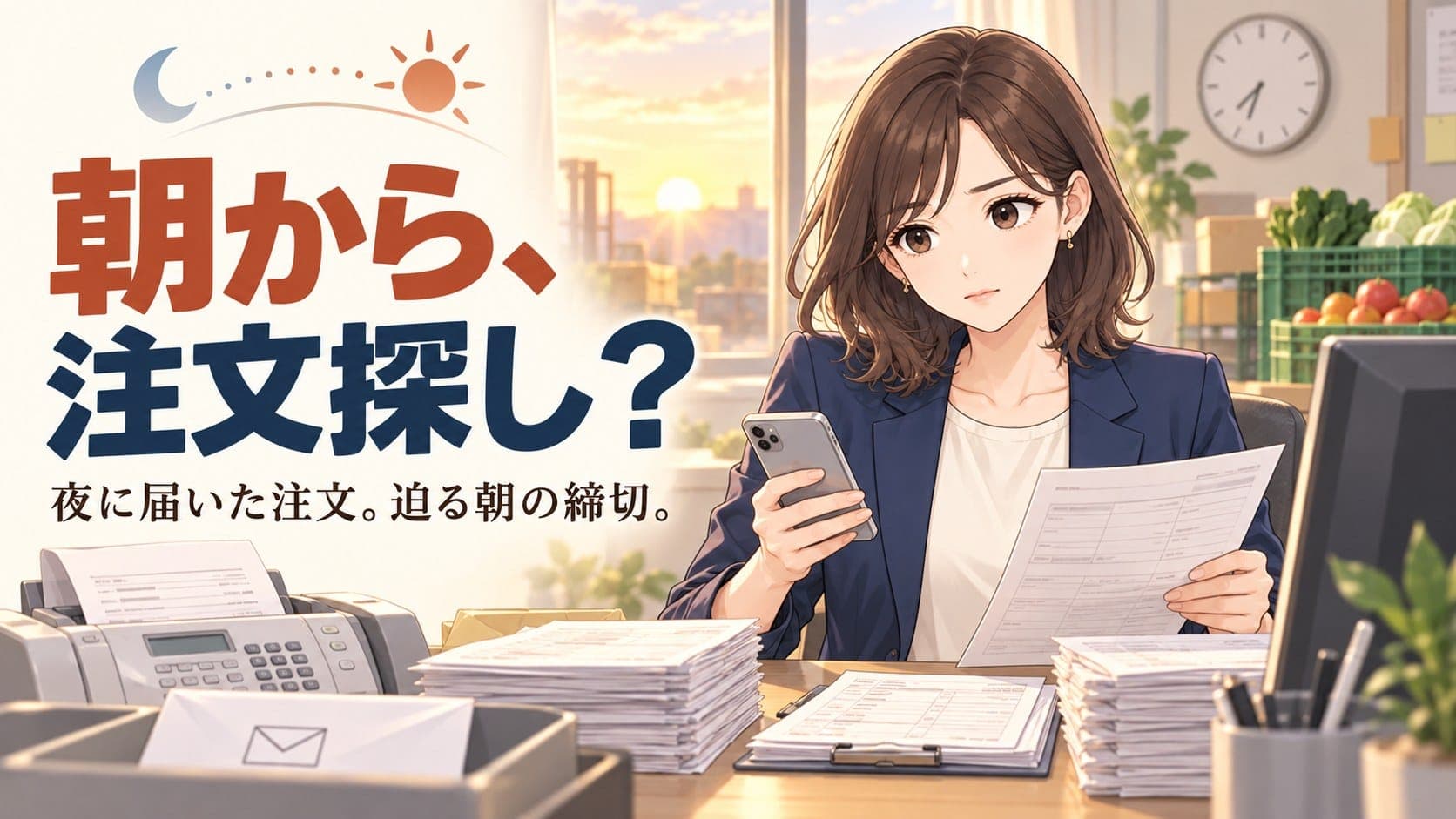 朝から、注文探し? — 夜に届いた注文と迫る朝の締切。FAX・メール・スマートフォンに散らばった注文を確認する受注担当者
